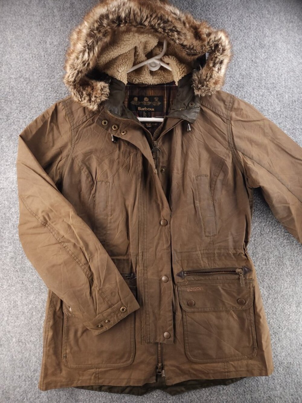 Barbour KELSALL Wax Jacket Women Brown Hooded Parka Size 8 USA Lined Winter